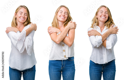 Collage of beautiful blonde woman over white isolated background Hugging oneself happy and positive, smiling confident. Self love and self care