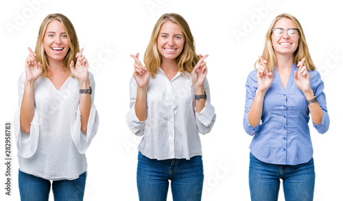 Collage of beautiful blonde business woman over white isolated background smiling crossing fingers with hope and eyes closed. Luck and superstitious concept.