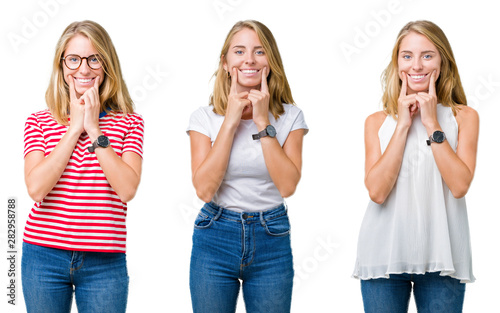 Collage of beautiful blonde woman over white isolated background Smiling with open mouth, fingers pointing and forcing cheerful smile