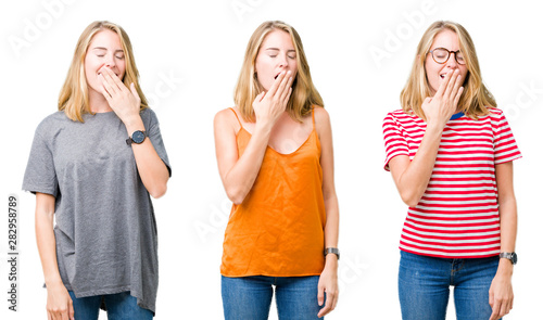 Collage of beautiful blonde woman over white isolated background bored yawning tired covering mouth with hand. Restless and sleepiness.