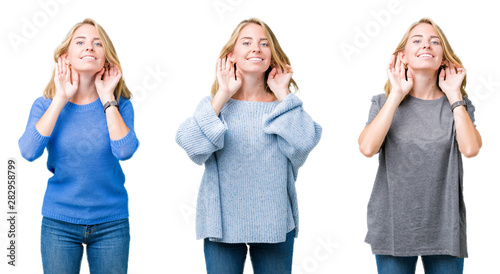 Collage of beautiful blonde woman over white isolated background Trying to hear both hands on ear gesture, curious for gossip. Hearing problem, deaf