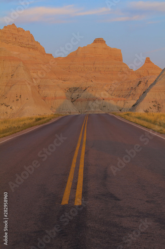 Looking down Yellow Center Stripe at Geographic Formations in Badlands National Park