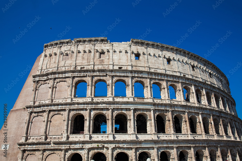 Detail of the famous Colosseum or Coliseum also known as the Flavian Amphitheatre in the centre of the city of Rome