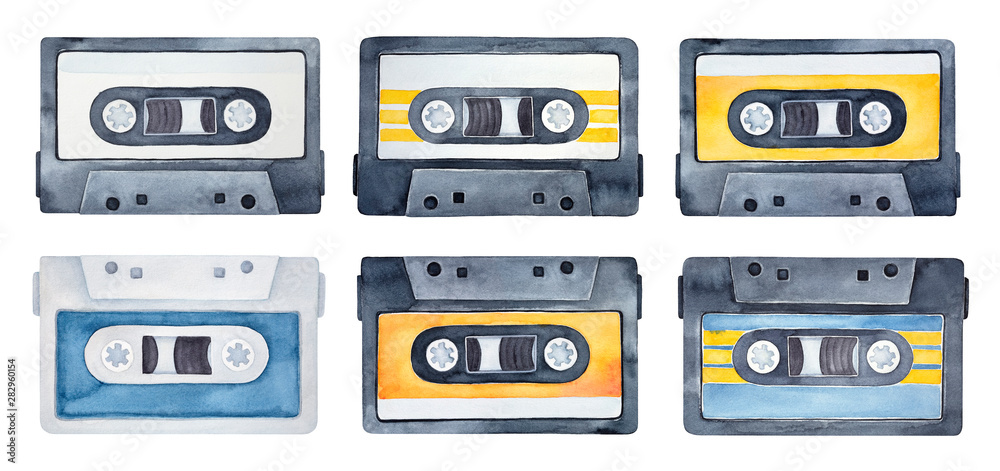 Watercolor set of vintage compact cassettes. Symbol of music, sound, playlist, audio equipment. Hand drawn watercolour graphic drawing on white, cutout clipart elements for creative design decoration.