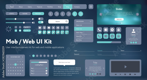 Flat Mobile Web UI Kit. Universal user interface for designing responsive websites, mobile apps. Gradient background. Different UX, GUI screens with buttons, slider, menu template. Modern space style.