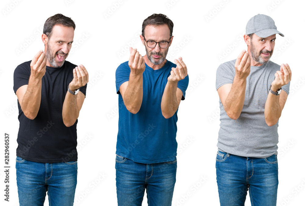 Collage of handsome senior man over white isolated background Doing money gesture with hand, asking for salary payment, millionaire business Collage of handsome senior man over white isolated background Doing money gesture with hand, asking for salary payment, millionaire business