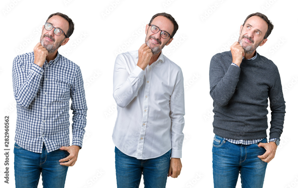 Collage of handsome senior business man over white isolated background with hand on chin thinking about question, pensive expression. Smiling with thoughtful face. Doubt concept. Collage of handsome senior business man over white isolated background with hand on chin thinking about question, pensive expression. Smiling with thoughtful face. Doubt concept.