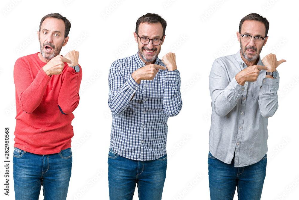 Collage of handsome senior man over white isolated background In hurry pointing to watch time, impatience, upset and angry for deadline delay Collage of handsome senior man over white isolated background In hurry pointing to watch time, impatience, upset and angry for deadline delay