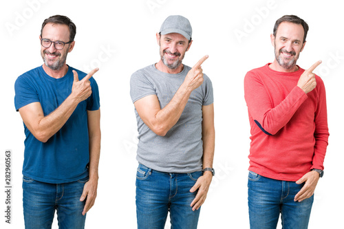 Collage of handsome senior man over white isolated background cheerful with a smile of face pointing with hand and finger up to the side with happy and natural expression on face