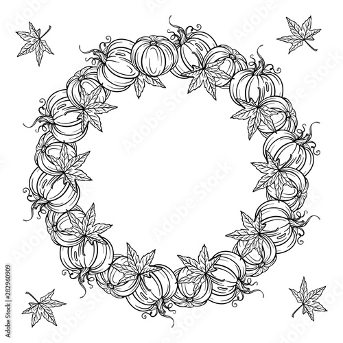 Black and white autumn wreath ornament. Pumpkins and autumn leaves garland. Antistress coloring page.