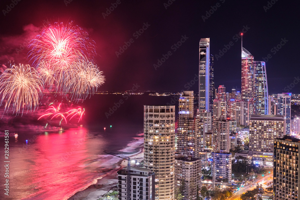 City view of Surfers Paradise with big fireworks, Gold Coast Queensland