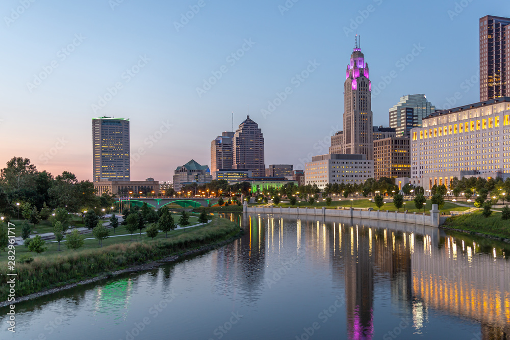 Columbus Ohio skyline and Scioto RIver at Blue Hour