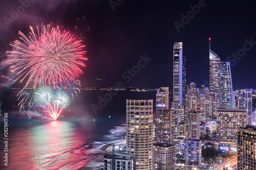 City view of Surfers Paradise with big fireworks, Gold Coast Queensland Australia