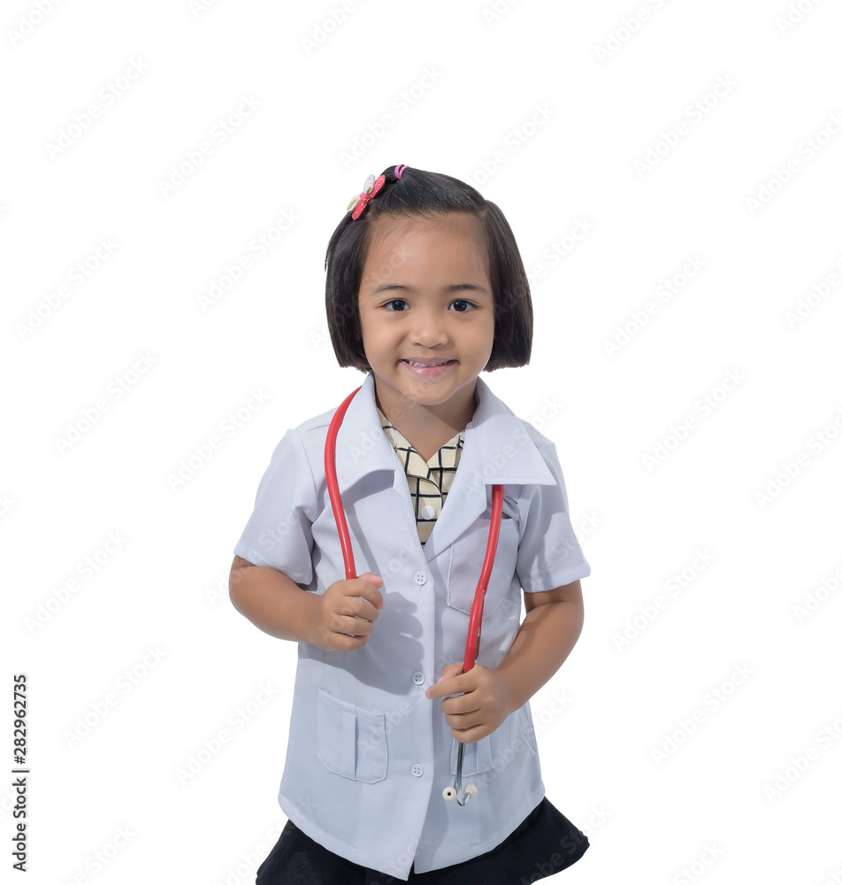 Cute Little asian girl doctor smiling and holding stethoscope while wearing Doctor's uniform Cute Little asian girl doctor smiling and holding stethoscope while wearing Doctor's uniform