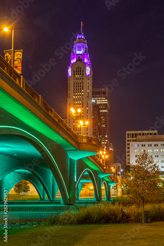 Skyscraper and Bridge at night in columbus Ohio