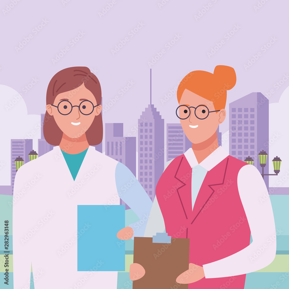 Professionals workers couple smiling cartoons