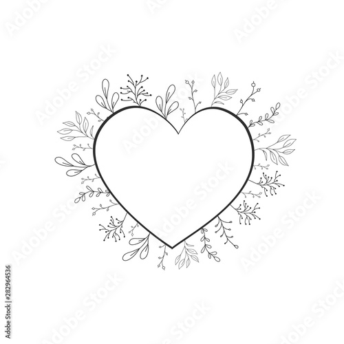 Vector frame in the form of heart with flowers and plants in the doodle style. Botanical design for the wedding