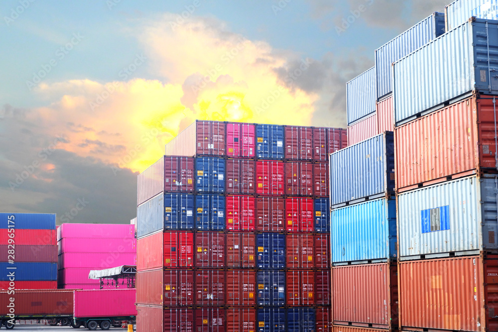 Container stack during sunset Working concept in the port Container stack during sunset Working concept in the port