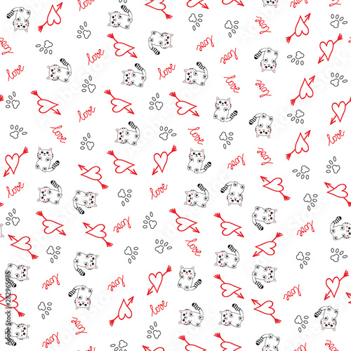Hand drawn cute kittens pattern background with cats ,hearts and paw print.