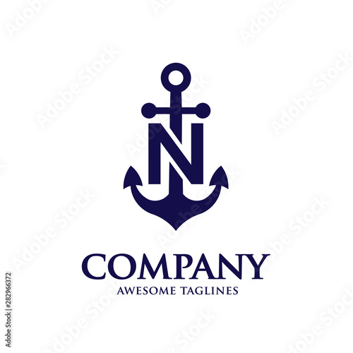 creative initial letter n with Anchor blue color logo vector concept