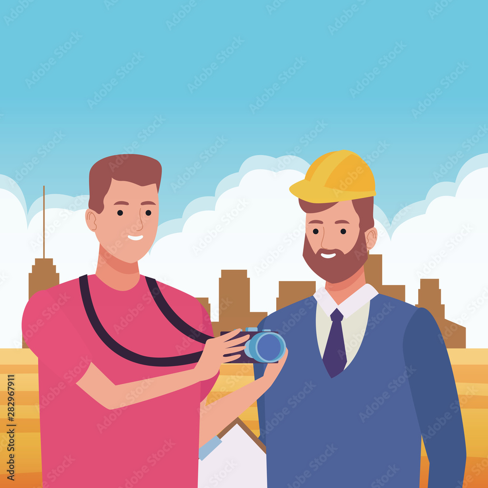 Professionals workers couple smiling cartoons Professionals workers couple smiling cartoons