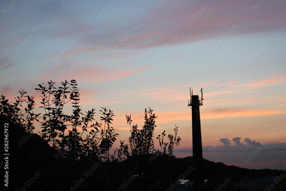 Fototapeta premium silhouette of industrial chimney and plants at sunset