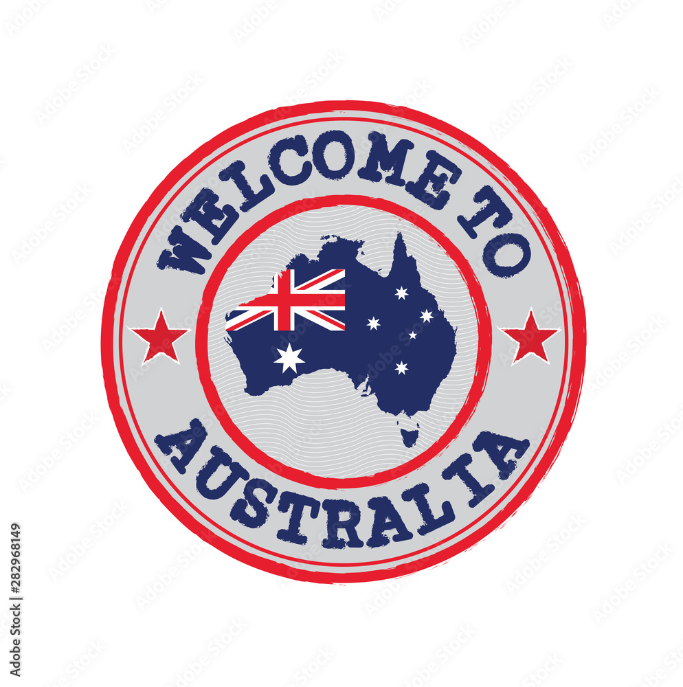 Vector stamp of welcome to Australia with map outline of the nation in center. Vector stamp of welcome to Australia with map outline of the nation in center.
