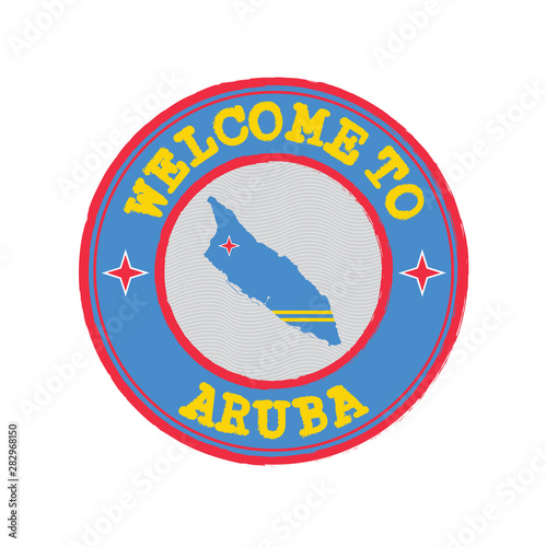 Vector stamp of welcome to Aruba with map outline of the nation in center.