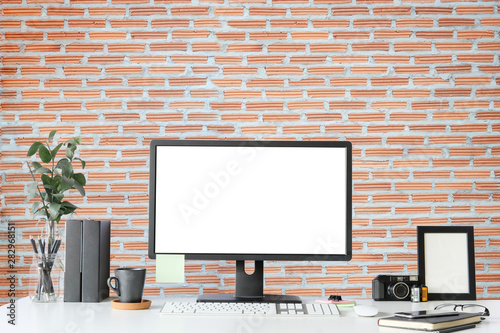 Workspace desk and laptop. copy space and blank screen. Business image, Blank screen laptop and supplies.