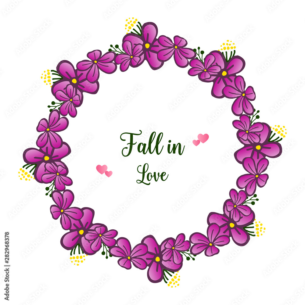 Sketch of flower frame, in purple colors, with template for design fall in love. Vector