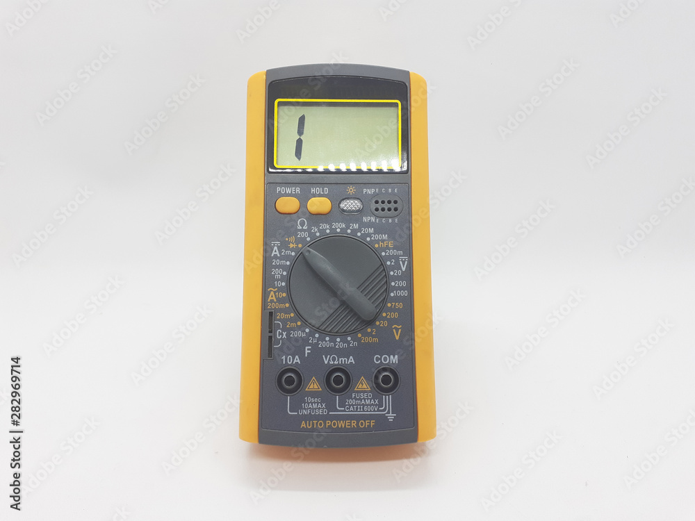 Yellow Modern Digital Electronic Multi Meter with Ohm Ampere Volt and Watt Measurement with Red and Black Probe in White Isolated Background Yellow Modern Digital Electronic Multi Meter with Ohm Ampere Volt and Watt Measurement with Red and Black Probe in White Isolated Background