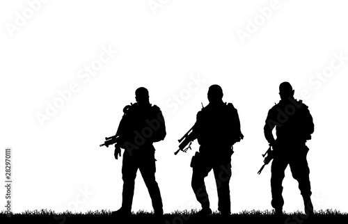 Silhouette of soldier with rifle on white background