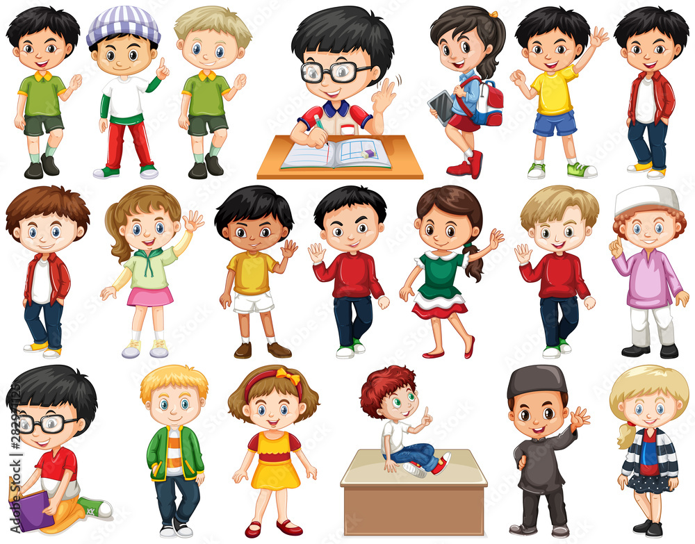 Set of children doing different actions Set of children doing different actions