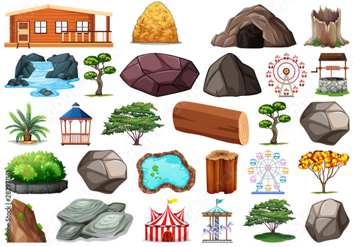 Collection of outdoor nature themed objects and plant elements