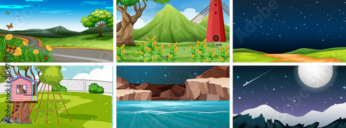 Set of 6 nature scenes in parks day and night