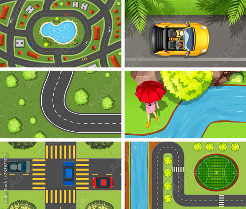 Set of top view aerial scenes in nature and outdoors