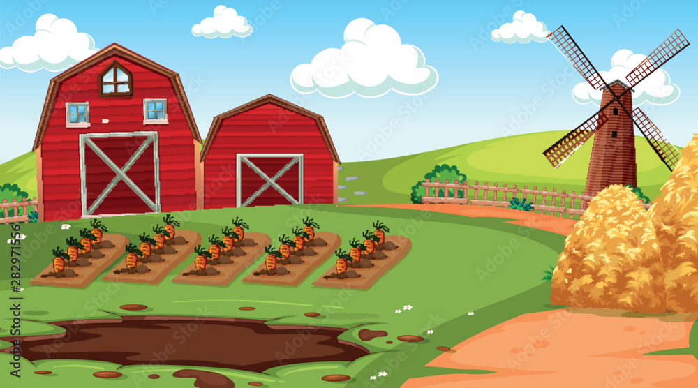 Farm scene in nature with barn