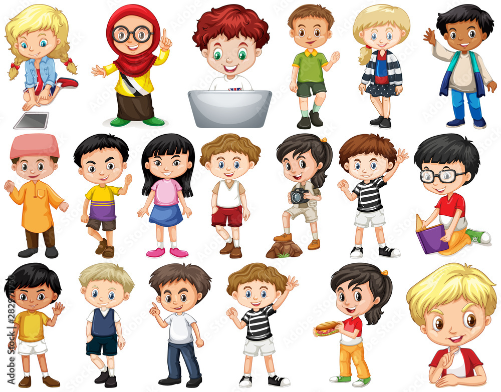 Set of isolated children in different actions Set of isolated children in different actions