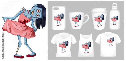 Graphic of zombie in pink dress on different product templates