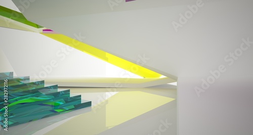 Abstract architectural glass gradient color interior of a minimalist house with large windows. 3D illustration and rendering.