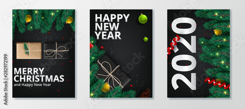 vector illustration of happy new year 2020 gold and black collors place for text christmas balls 
