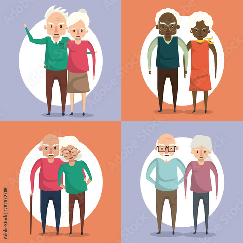 Cute grandparents couples smiling cartoons