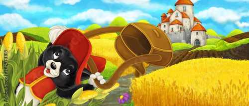 Cartoon scene - cat traveling to the castle on the hill near the farm ranch - illustration for children