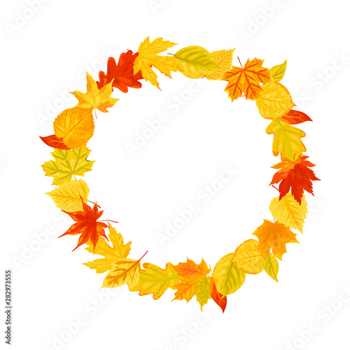Wreath with autumn falling leaves vector illustration isolated on white background. Design element for poster  web  flyers  invitation  postcard  Happy Thanksgiving day. Place for text. Flat style.