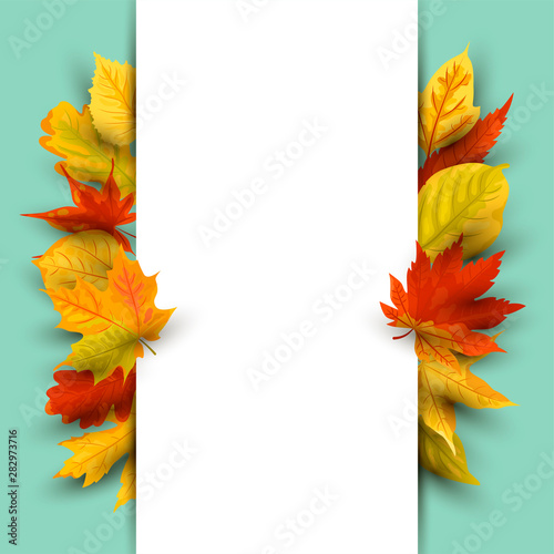 Autumn background with  falling leaves, paper sheet. Place for text. Great for party invitation, autumn sale, wedding, web, fall festival. Vector illustration.