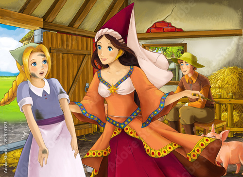 Cartoon scene with beautiful girl an sorceress or witch and farmer rancher in the barn pigsty illustration for children