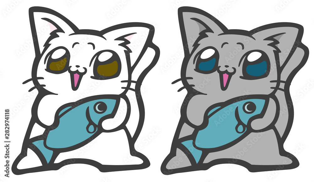 魚を持った猫のイラスト 白猫とグレーの猫 Stock Vector Adobe Stock