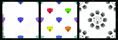 Number 2 seamless patterns set. Polar bear head and paws