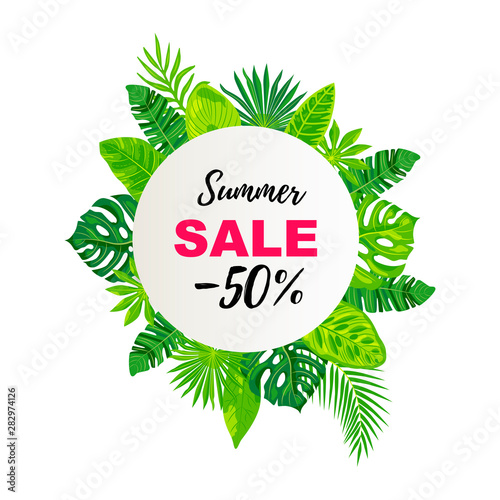 Summer sale banner with tropical leaves. Place for text. Template for poster, web, invitation, flyer. Flat style design. Circle concept.