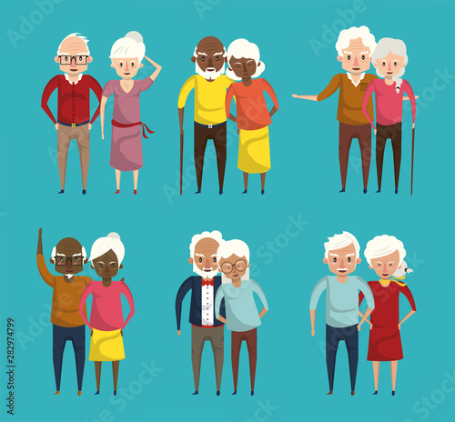 Cute grandparents couples smiling cartoons